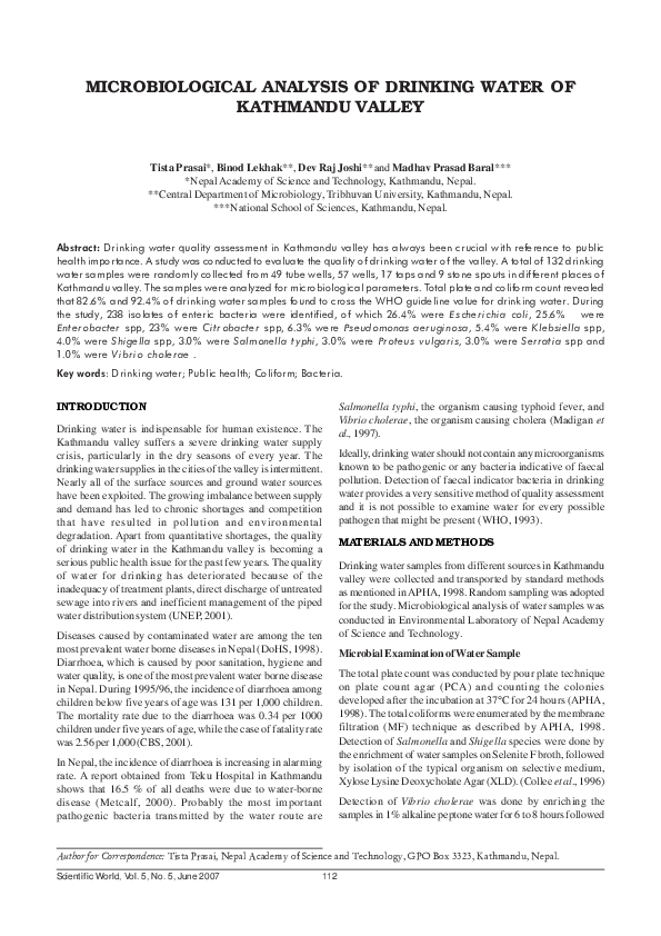 (PDF) Microbiological analysis of drinking water of Kathmandu valley