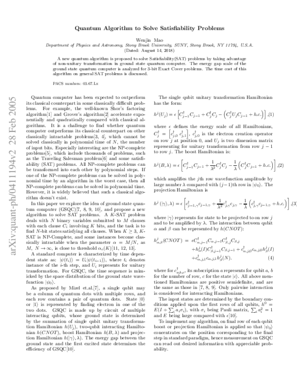 (PDF) Quantum Algorithm to Solve Satisfiability Problems