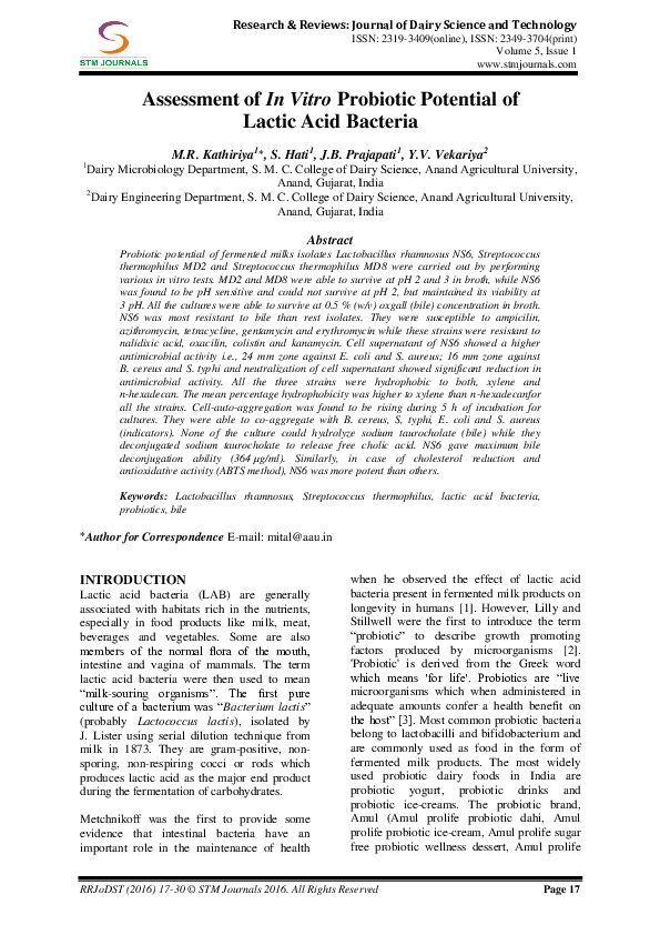 (PDF) Assessment of In Vitro Probiotic Potential of Lactic Acid Bacteria