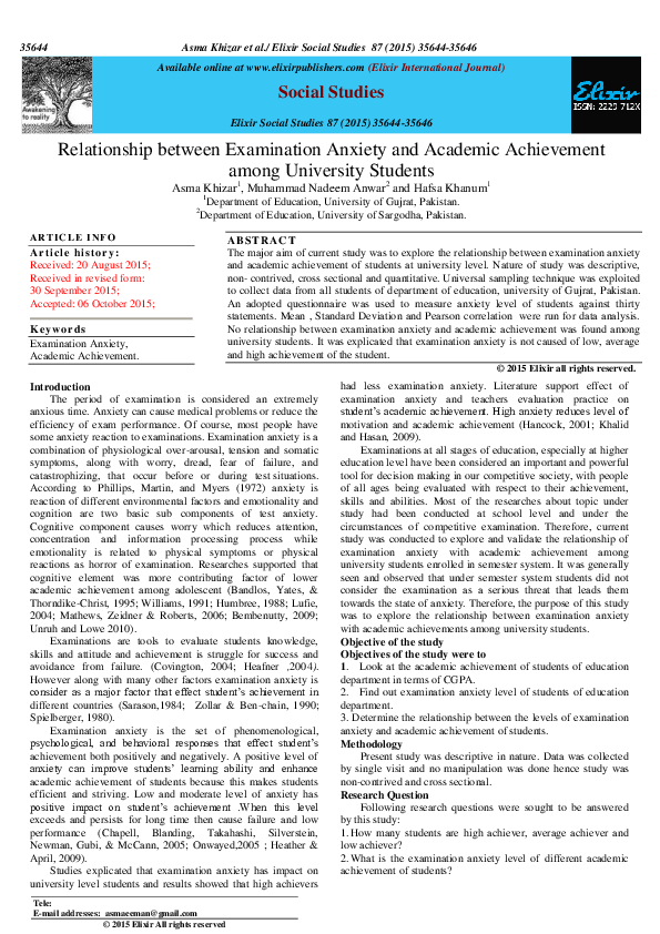 (PDF) Relationship between Examination Anxiety and Academic Achievement ...