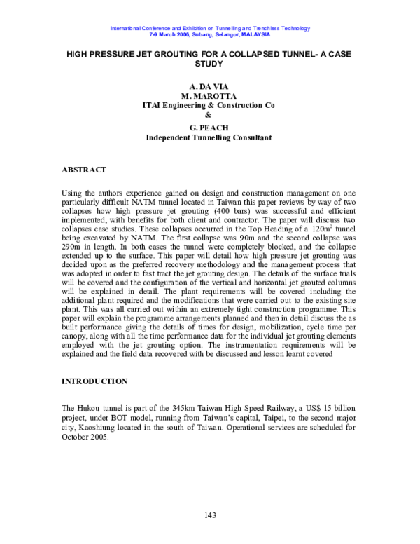 (PDF) HIGH PRESSURE JET GROUTING FOR A COLLAPSED TUNNEL- A CASE STUDY