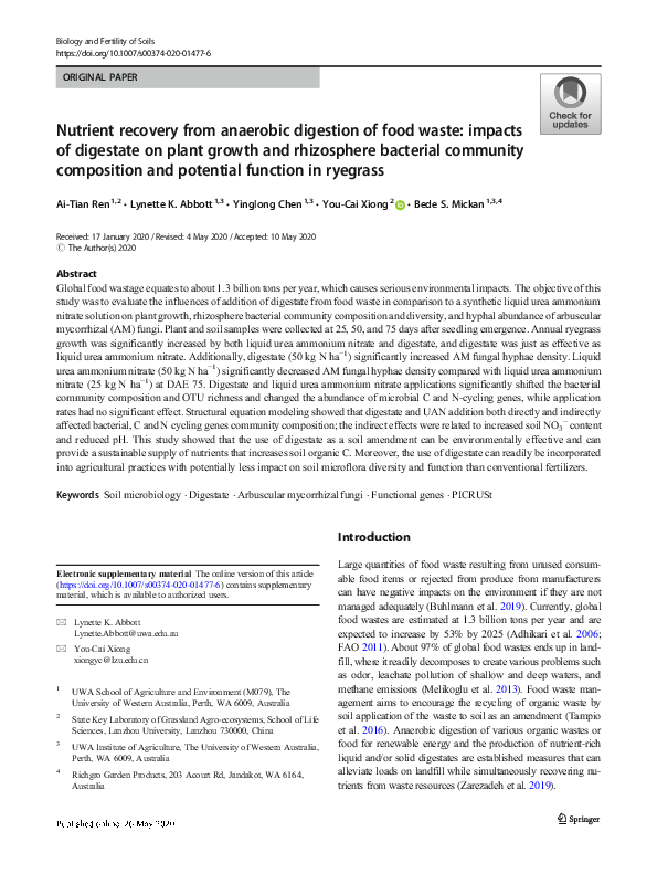 (PDF) Nutrient recovery from anaerobic digestion of food waste: impacts ...