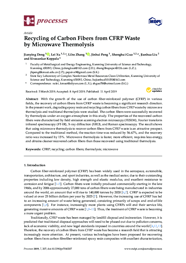 (PDF) Recycling of Carbon Fibers from CFRP Waste by Microwave Thermolysis