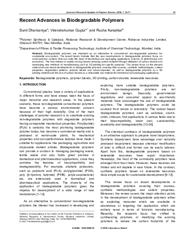 (PDF) Recent Advances in Biodegradable Polymers