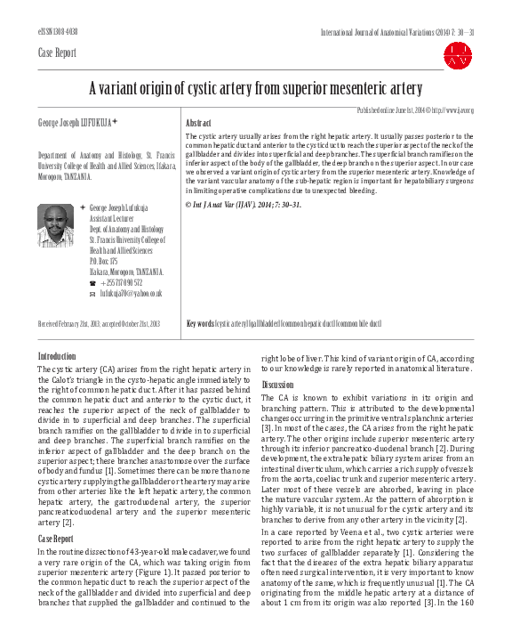 (PDF) A variant origin of cystic artery from superior mesenteric artery