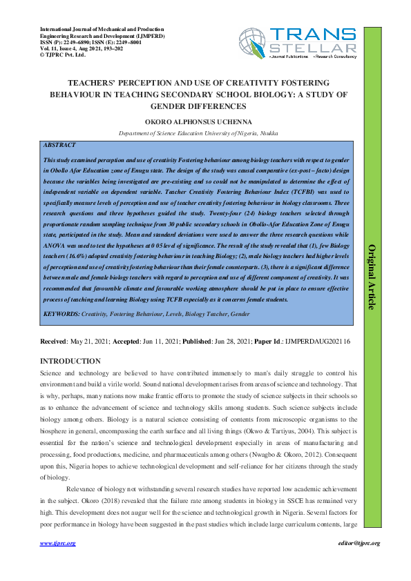 (PDF) TEACHERS' PERCEPTION AND USE OF CREATIVITY FOSTERING BEHAVIOUR IN ...