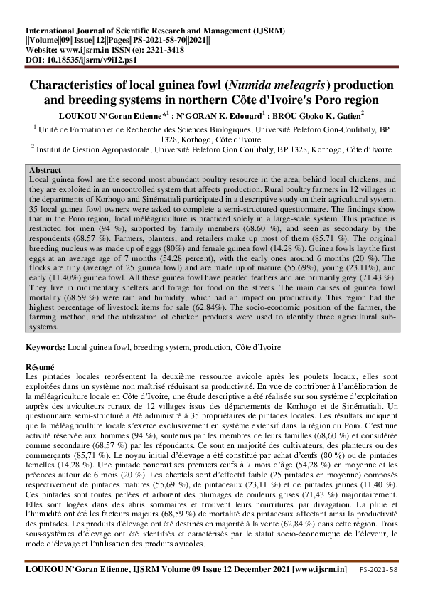 (PDF) Characteristics of local guinea fowl (Numida meleagris ...
