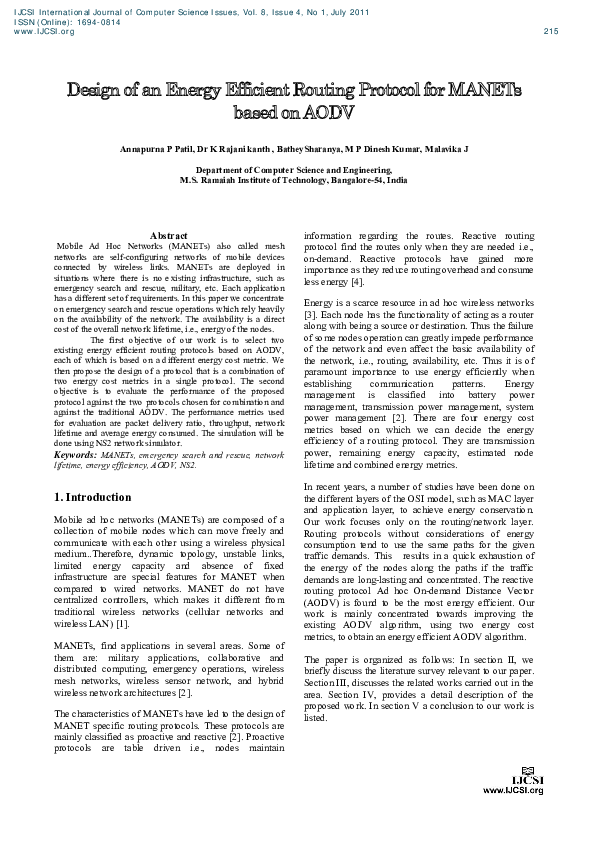 (PDF) Design of an Energy Efficient Routing Protocol for MANETs based ...
