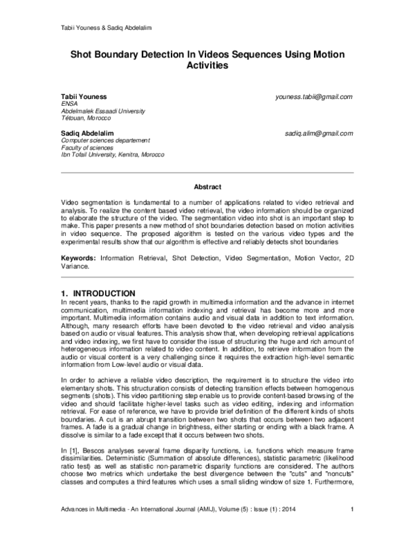 (PDF) Shot Boundary Detection In Videos Sequences Using Motion Activities