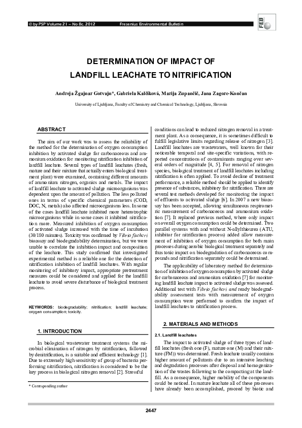 (PDF) Determination of Impact of Landfill Leachate to Nitrification