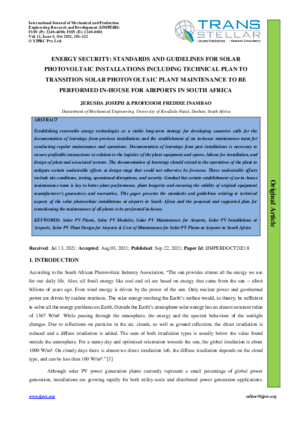 (PDF) ENERGY SECURITY: STANDARDS AND GUIDELINES FOR SOLAR PHOTOVOLTAIC ...