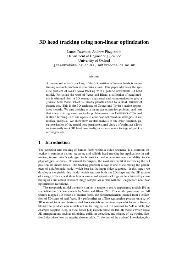 (PDF) 3D Head Tracking Using Non-Linear Optimization