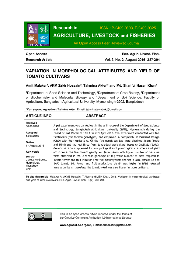 (PDF) Variation in morphological attributes and yield of tomato cultivars