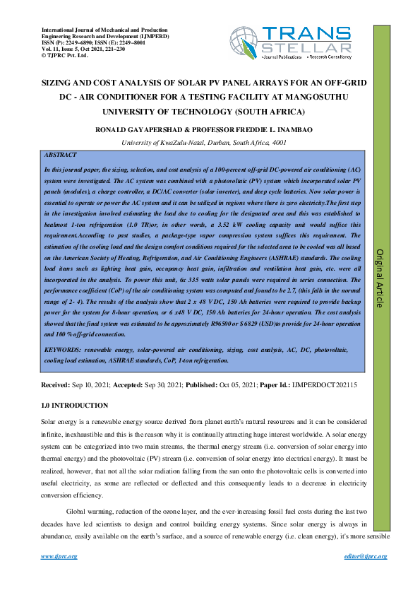 (PDF) SIZING AND COST ANALYSIS OF SOLAR PV PANEL ARRAYS FOR AN OFF-GRID ...