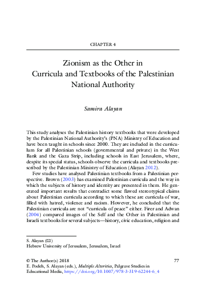 Zionism as the Other in Curricula and Textbooks of the Palestinian National Authority