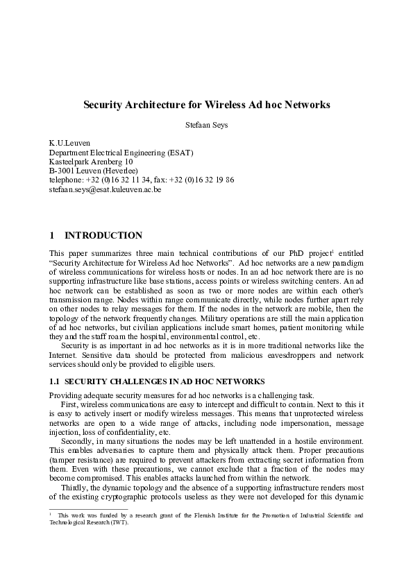 (PDF) Security Architecture for Wireless Ad hoc Networks