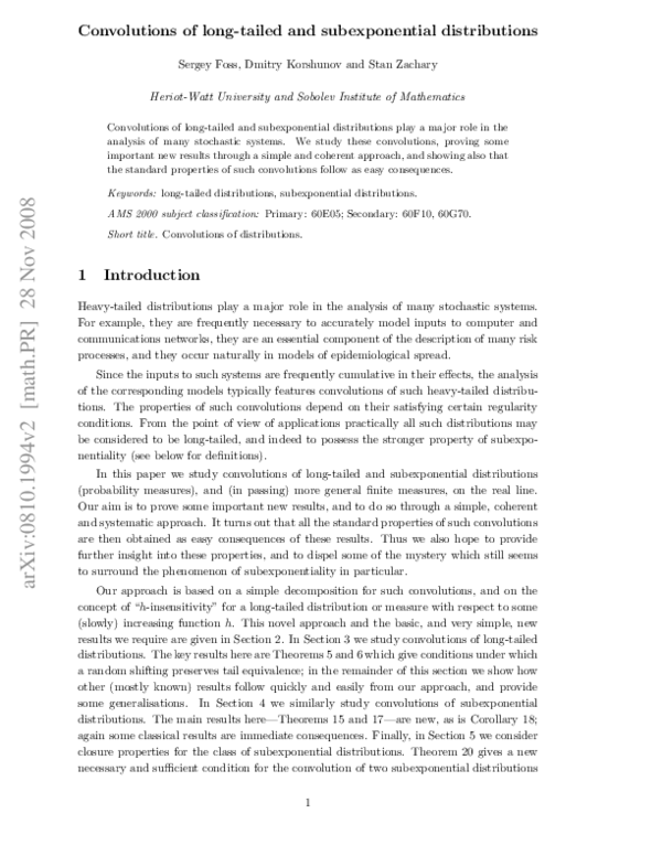 (PDF) Convolutions of long-tailed and subexponential distributions