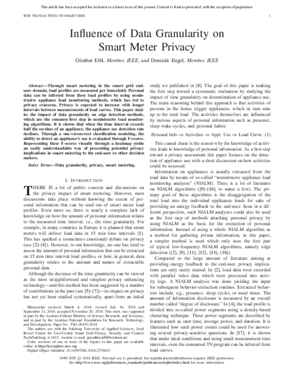 (PDF) Influence of Data Granularity on Smart Meter Privacy