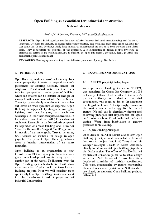 (PDF) Open Building as a Condition for Industrial Construction