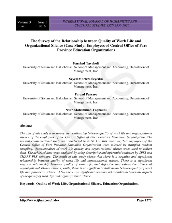 (PDF) The Survey of the Relationship between Quality of Work Life and ...