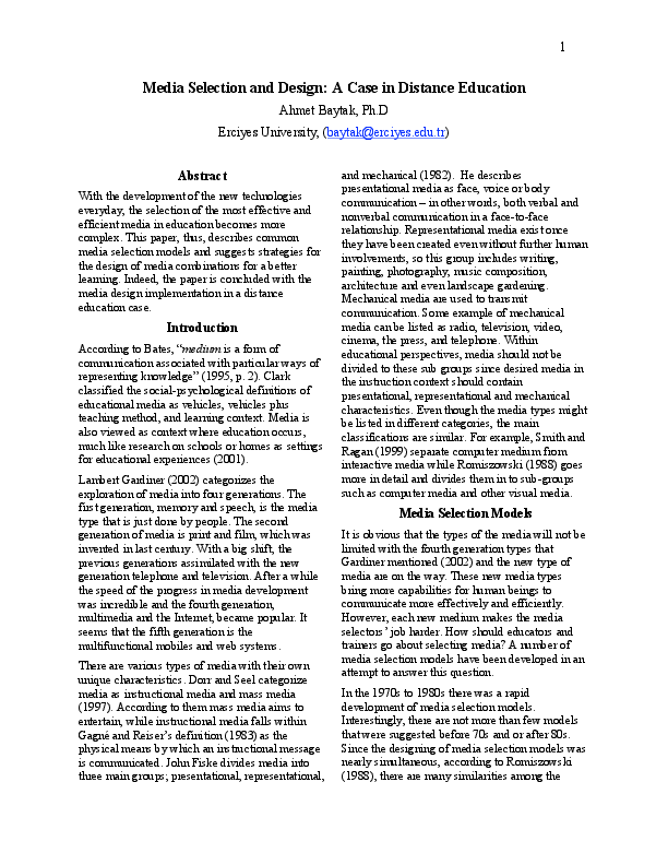 Pdf Media Selection And Design A Case In Distance Education