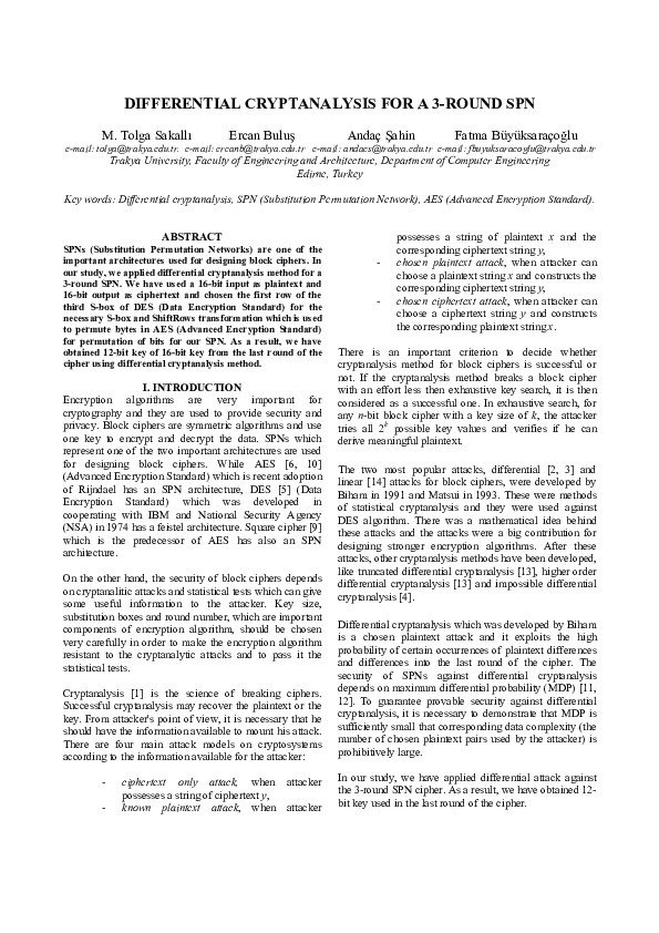 (PDF) Differential Cryptanalysis for a 3-ROUND SPN