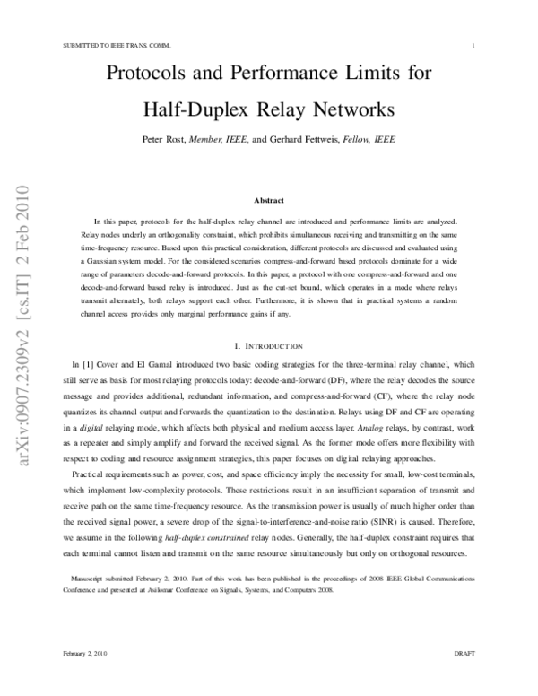 (PDF) Protocols and Performance Limits for Half-Duplex Relay Networks