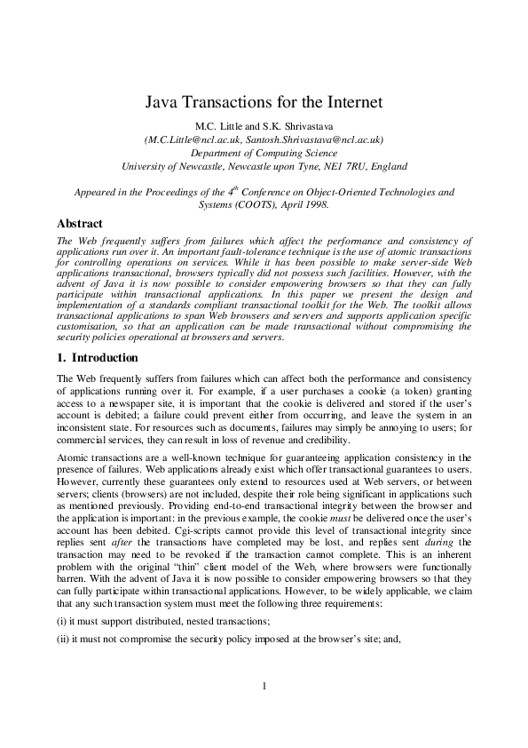 (PDF) Java transactions for the internet | Mark Little - Academia.edu