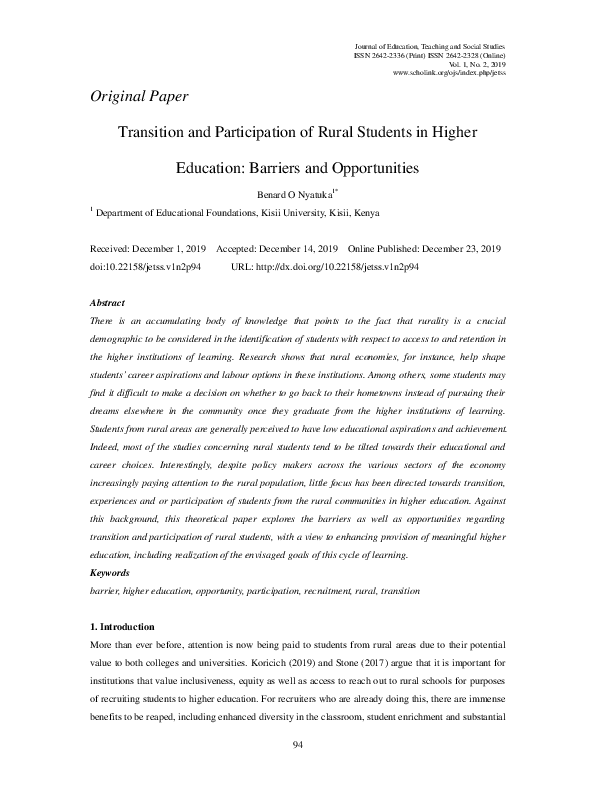 (PDF) Transition and Participation of Rural Students in Higher ...