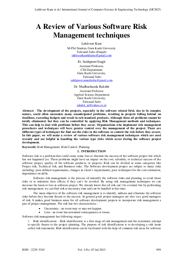 (PDF) A Review of Various Software Risk Management techniques