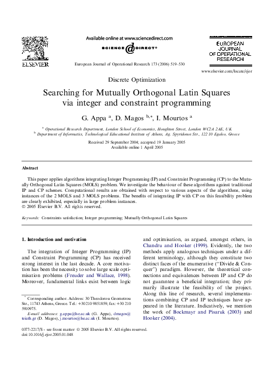 (PDF) Searching for mutually orthogonal Latin squares via integer and ...