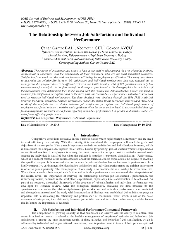(PDF) The Relationship between Job Satisfaction and Individual Performance