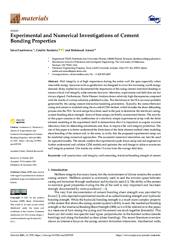 (PDF) Experimental and Numerical Investigations of Cement Bonding ...