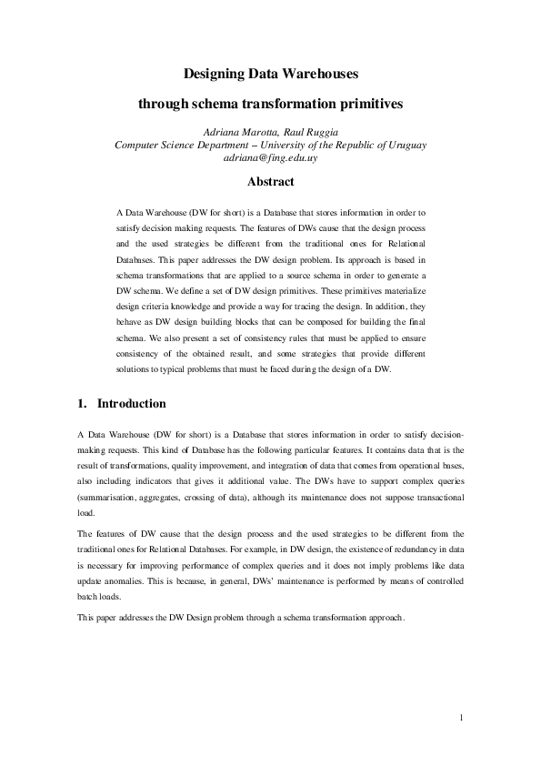(PDF) Designing Data Warehouses through schema transformation primitives