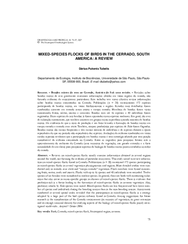 (PDF) Mixed-species flocks of birds in the Cerrado, South America: a review