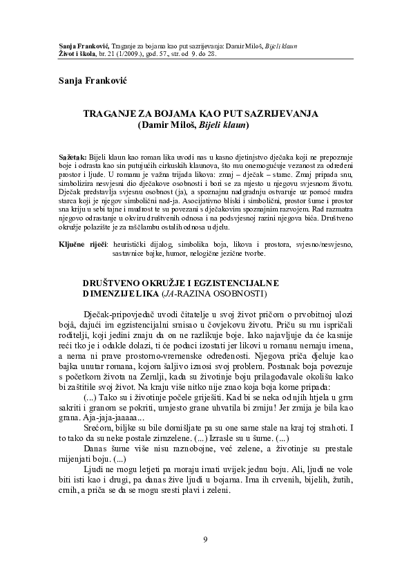 (PDF) Traganje za bojama kao put sazrijevanja: Damir Miloš, Bijeli klaun