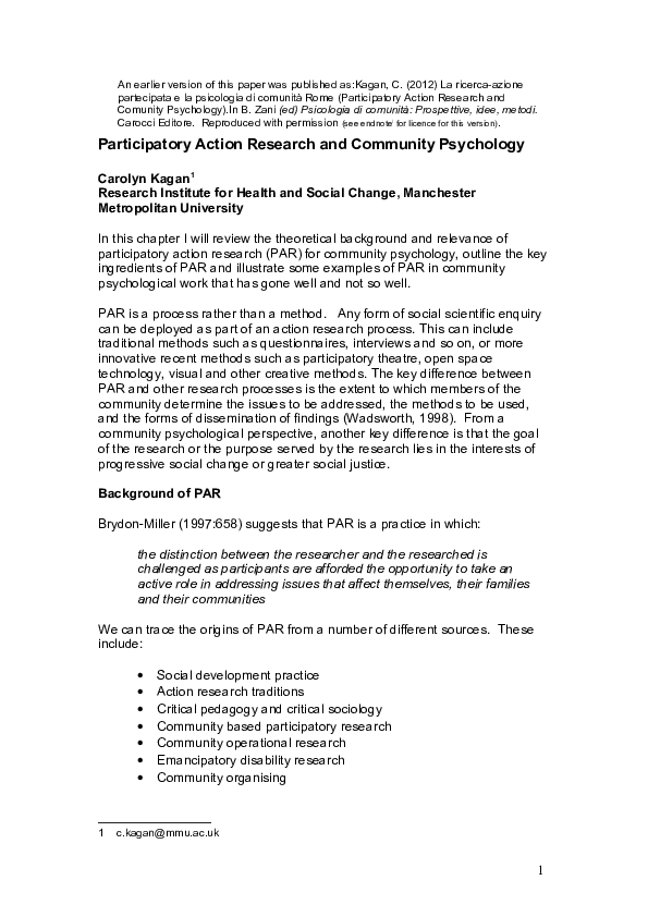 (PDF) Participatory Action Research and Community Psychology