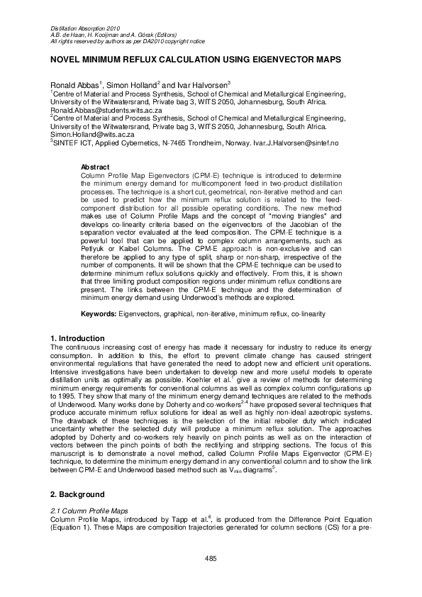(PDF) Novel Minimum Reflux Calculation Using Eigenvector Maps