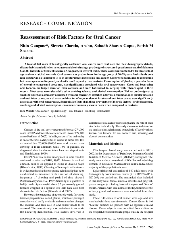 (PDF) Reassessment of risk factors for oral cancer