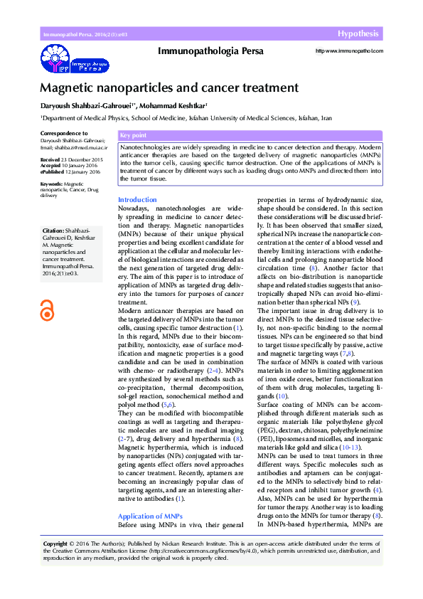 (PDF) Magnetic nanoparticles and cancer treatment