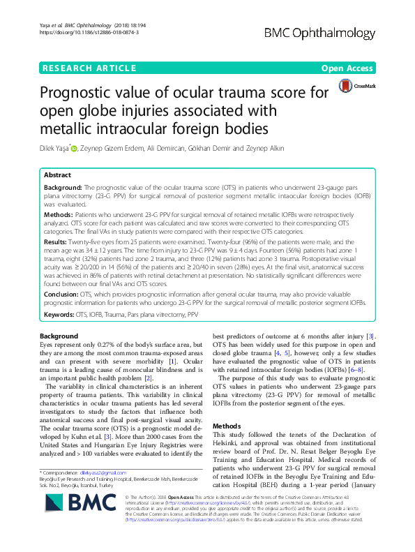 (PDF) Prognostic value of ocular trauma score for open globe injuries ...