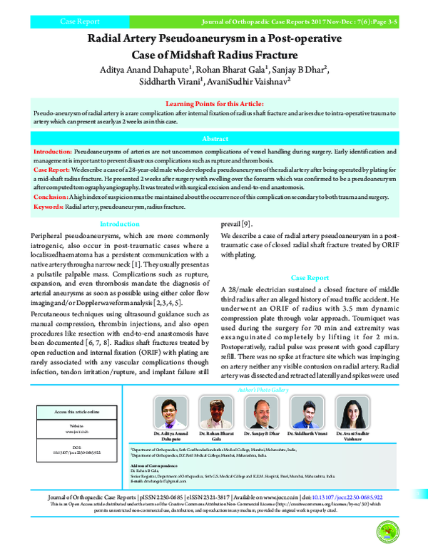 (PDF) Radial Artery Pseudoaneurysm in a Post-operative Case of Midshaft ...