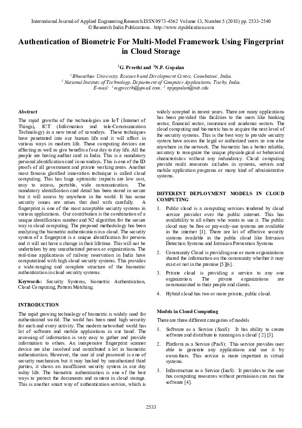(PDF) Authentication of Biometric For Multi-Model Framework Using ...