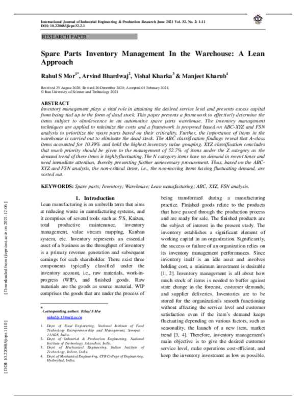 (PDF) Spare parts inventory management in warehouse: a lean approach