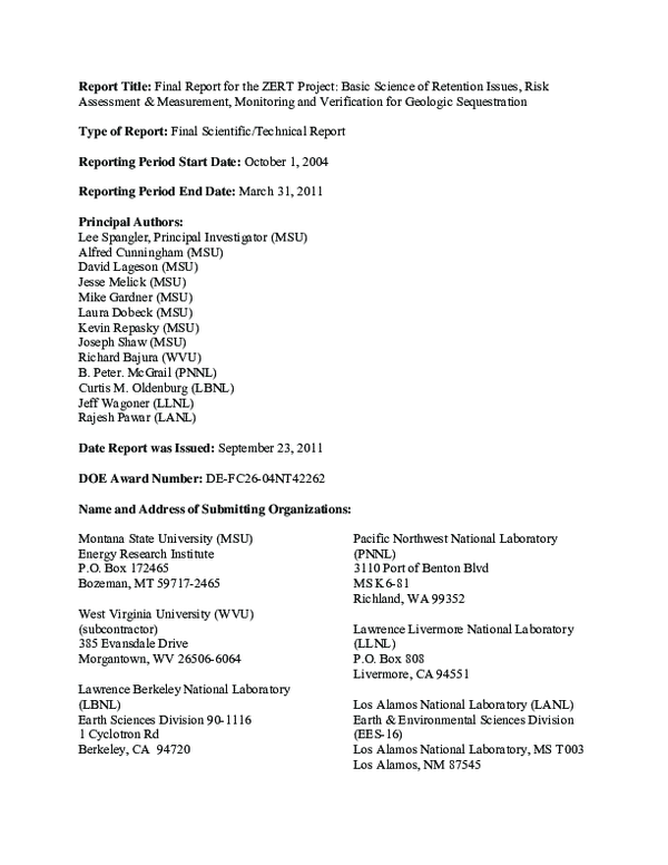 Free Pdf Download Final Report For The Zert Project Basic Science Of Retention Issues Risk Assessment Measurement Monitoring And Verification For Geologic Sequestration Michael Gardner Academia Edu