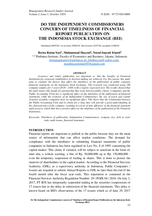 (PDF) DO THE INDEPENDENT COMMISSIONERS CONCERN OF TIMELINESS OF ...