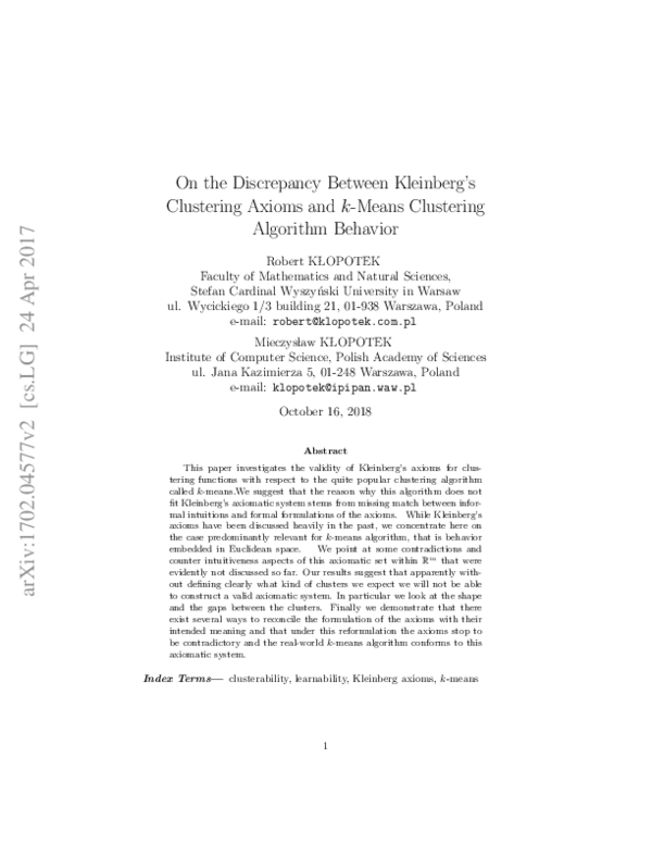 (PDF) On the Discrepancy Between Kleinberg's Clustering Axioms and k ...