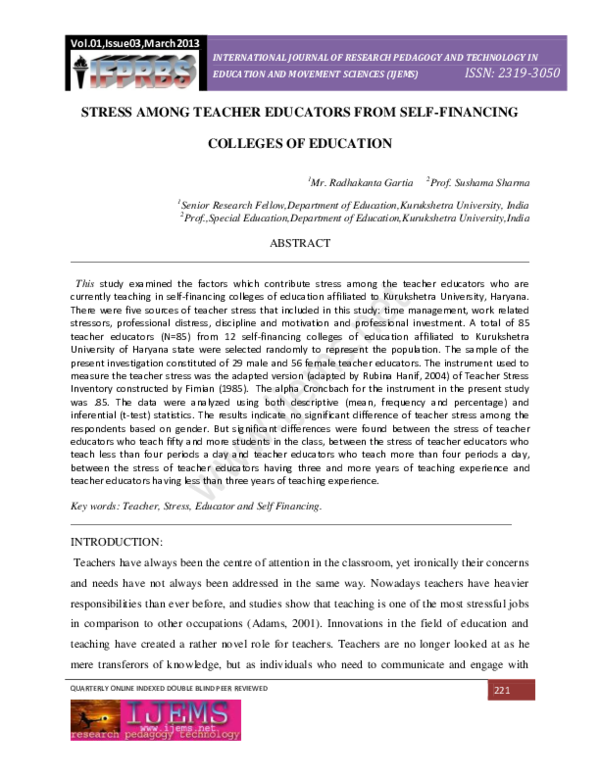 (PDF) Stress Among Teacher Educators from Self-Financing Colleges of ...