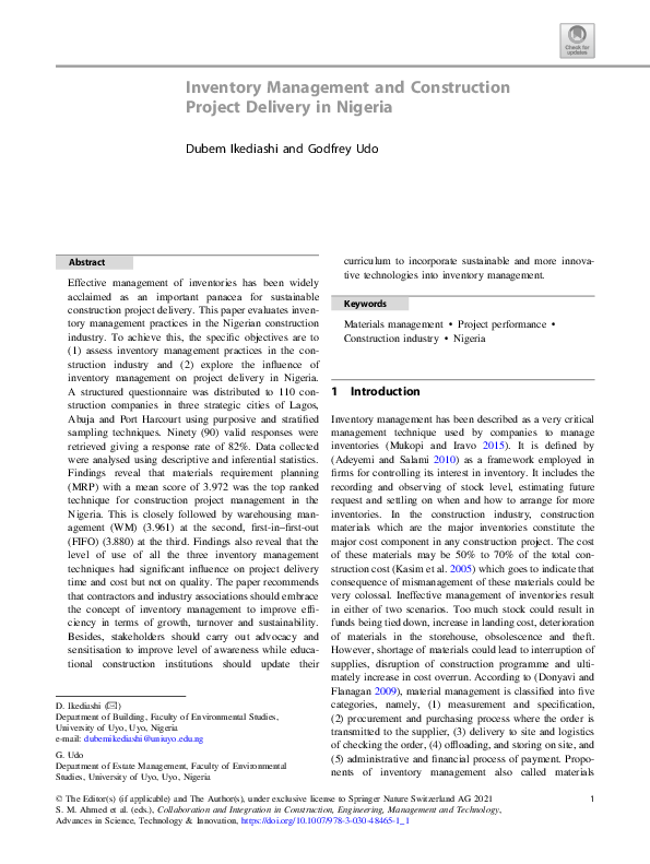 (PDF) Inventory Management and Construction Project Delivery in Nigeria