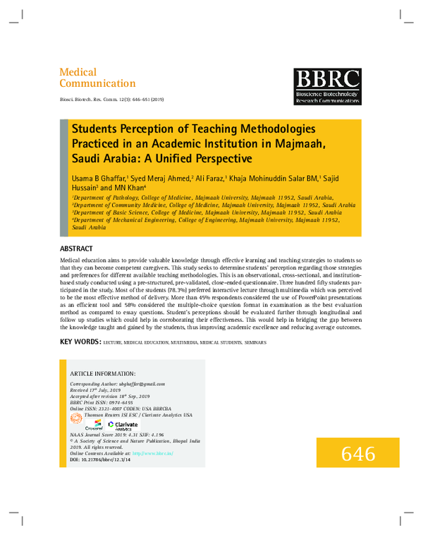 (PDF) Students Perception Of Teaching Methodologies Practiced In An ...